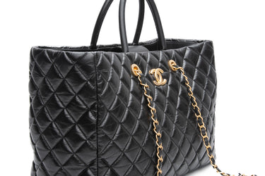 CHANEL Black Aged Calfskin Quilted Large Coco Handle Shopping Tote Bag