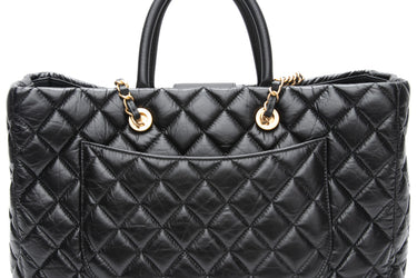 CHANEL Black Aged Calfskin Quilted Large Coco Handle Shopping Tote Bag