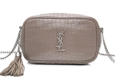 SAINT LAURENT Warm Taupe Calfskin Crocodile Embossed Monogram Mini Lou Camera Bag