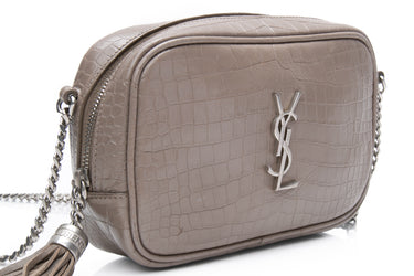 SAINT LAURENT Warm Taupe Calfskin Crocodile Embossed Monogram Mini Lou Camera Bag