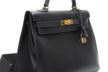 HERMES Vintage Black Ardennes Sellier Gold Kelly 35 w/Rodeo Charm