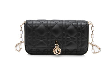 DIOR Black Lambskin Cannage Dior Talk Phone Pouch on Chain (New)