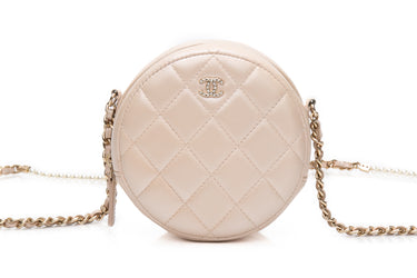 CHANEL Beige Iridescent Calfskin Quilted Round Pearl Chain Crossbody Bag