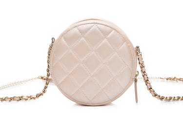 CHANEL Beige Iridescent Calfskin Quilted Round Pearl Chain Crossbody Bag