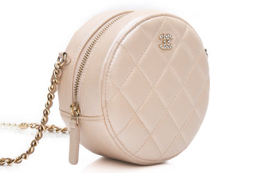 CHANEL Beige Iridescent Calfskin Quilted Round Pearl Chain Crossbody Bag
