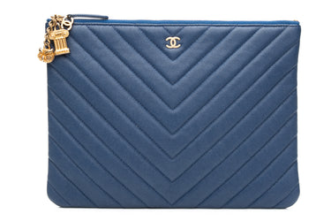 CHANEL Navy Blue Caviar Chevron Paris Athens O Case Clutch