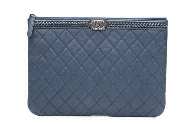 CHANEL Navy Blue Quilted Caviar Boy O Case Chain Clutch