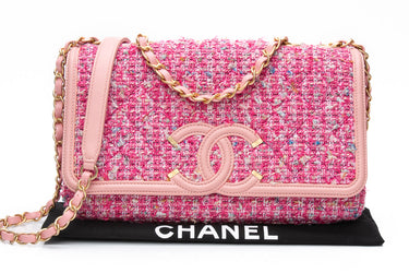 CHANEL Pink Filigree Flap Bag Quilted Tweed Medium