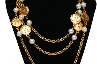 CHANEL Rare Vintage Gold and Pearl CC Coin Long Necklace