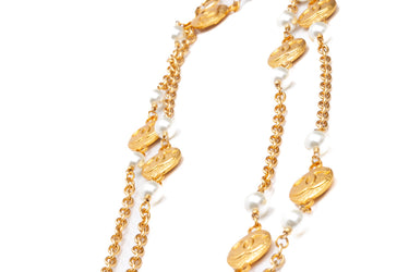CHANEL Rare Vintage Gold and Pearl CC Coin Long Necklace