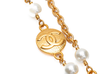 CHANEL Rare Vintage Gold and Pearl CC Coin Long Necklace