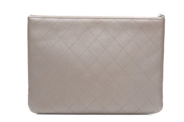 CHANEL Grey Metallic Calfskin Quilted O Case Clutch
