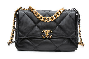 CHANEL Black Shiny Lambskin Quilted Medium Chanel 19 Crossbody Bag
