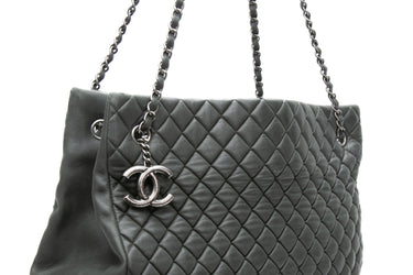 CHANEL Dark Green Iridescent Calfskin Quilted New Bubble North South Tote Bag