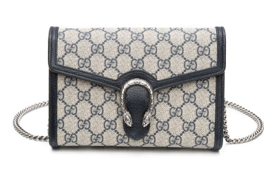 GUCCI Beige Blue GG Supreme Monogram Textured Dollar Calfskin Mini Dionysus Wallet on Chain