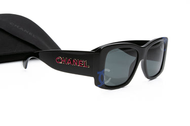 CHANEL Black Acetate CC Blue Logo Square Sunglasses