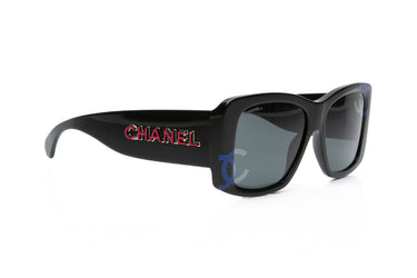 CHANEL Black Acetate CC Blue Logo Square Sunglasses