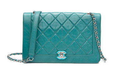 CHANEL Bi Vintage Acqua Blue Quilted Crumpled Leather Full Flap Crossbody Bag