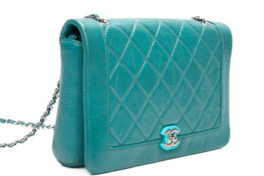CHANEL Bi Vintage Acqua Blue Quilted Crumpled Leather Full Flap Crossbody Bag