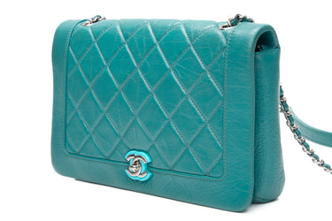 CHANEL Bi Vintage Acqua Blue Quilted Crumpled Leather Full Flap Crossbody Bag