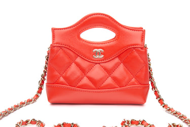 CHANEL Coral Red Shiny Lambskin Quilted Mini 31 Clutch with Chain (New)