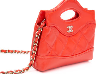 CHANEL Coral Red Shiny Lambskin Quilted Mini 31 Clutch with Chain (New)