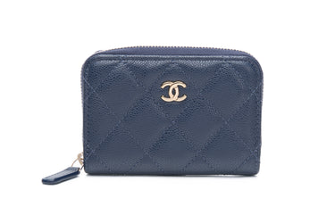 CHANEL Navy Blue Caviar Quilted Zip Coin Purse Cardholder