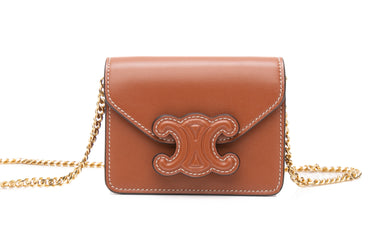 CELINE Tan Triomphe in Shiny Calfskin Card Holder on Chain (New)