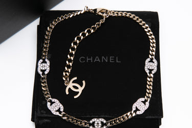 CHANEL 24V Metal & Strass Gold Silver and Crystal CC Choker Necklace