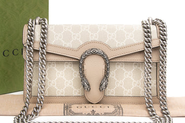 GUCCI Beige Mystic White Oatmeal GG Supreme Monogram Small Rectangular Dionysus Shoulder Bag (New)