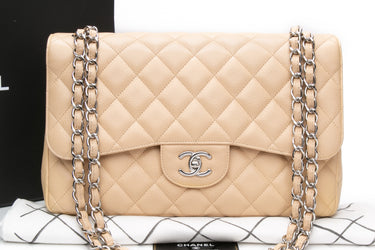 CHANEL Beige Caviar Quilted Jumbo Double Flap Bag