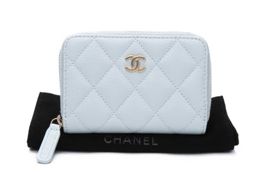 CHANEL Light Blue Caviar Quilted Zip Coin Purse Cardholder