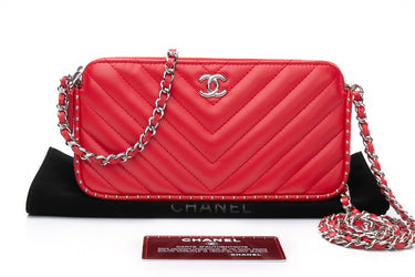 CHANEL Light Red Chevron Quilted Lambskin Double Zip Crossbody