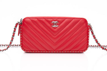 CHANEL Light Red Chevron Quilted Lambskin Double Zip Crossbody