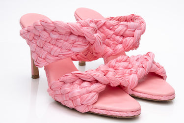 BOTTEGA VENETA Pink Blossom Raffia Twisted Intrecciato Strech Mule Sandals 37