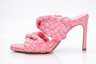 BOTTEGA VENETA Pink Blossom Raffia Twisted Intrecciato Strech Mule Sandals 37