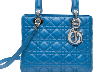 DIOR Blue Lambskin Cannage Medium Lady Dior Bag