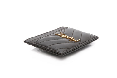 SAINT LAURENT Dark Grey Chevron Quilted Leather Card Holder