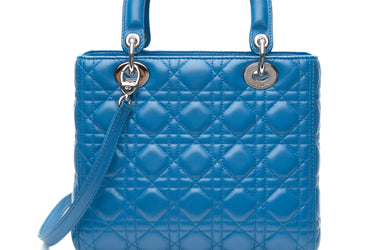 DIOR Blue Lambskin Cannage Medium Lady Dior Bag