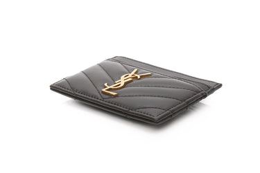SAINT LAURENT Dark Grey Chevron Quilted Leather Card Holder