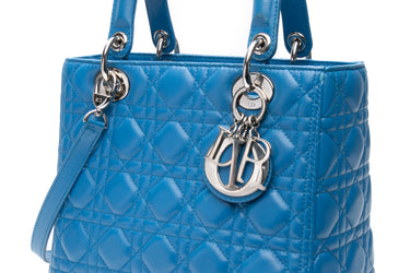 DIOR Blue Lambskin Cannage Medium Lady Dior Bag