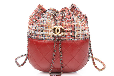 CHANEL Red Multicolor Gabrielle Tweed Bucket Bag