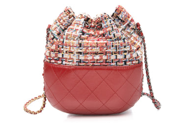 CHANEL Red Multicolor Gabrielle Tweed Bucket Bag