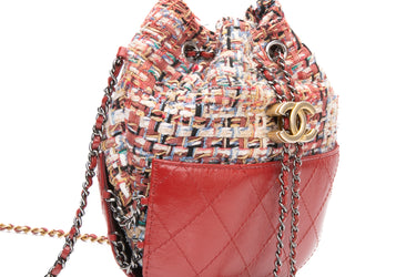 CHANEL Red Multicolor Gabrielle Tweed Bucket Bag