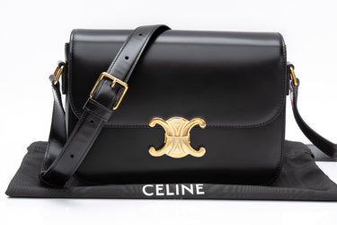 CELINE Black Classique Triomphe Crossbody Bag in Shiny Calfskin (New)