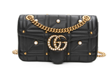 GUCCI Black GG Marmont Calfskin Matelasse Studded Small Pearly Shoulder Bag