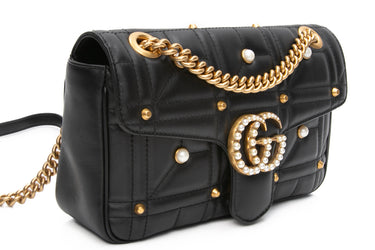 GUCCI Black GG Marmont Calfskin Matelasse Studded Small Pearly Shoulder Bag
