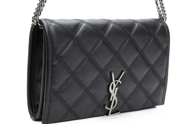 SAINT LAURENT Black Lambskin Diamond Quilted Becky Chain Wallet Crossbody Bag (New)