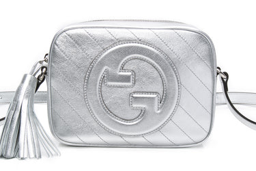 GUCCI Silver Metallic Calfskin Diagonal Stitched Small Blondie Camera Crossbody Bag (New)