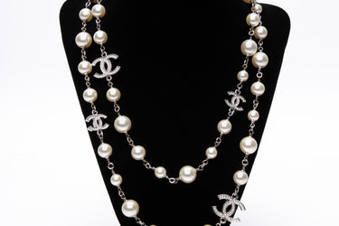 CHANEL Crystal Pearl CC Long Necklace Silver